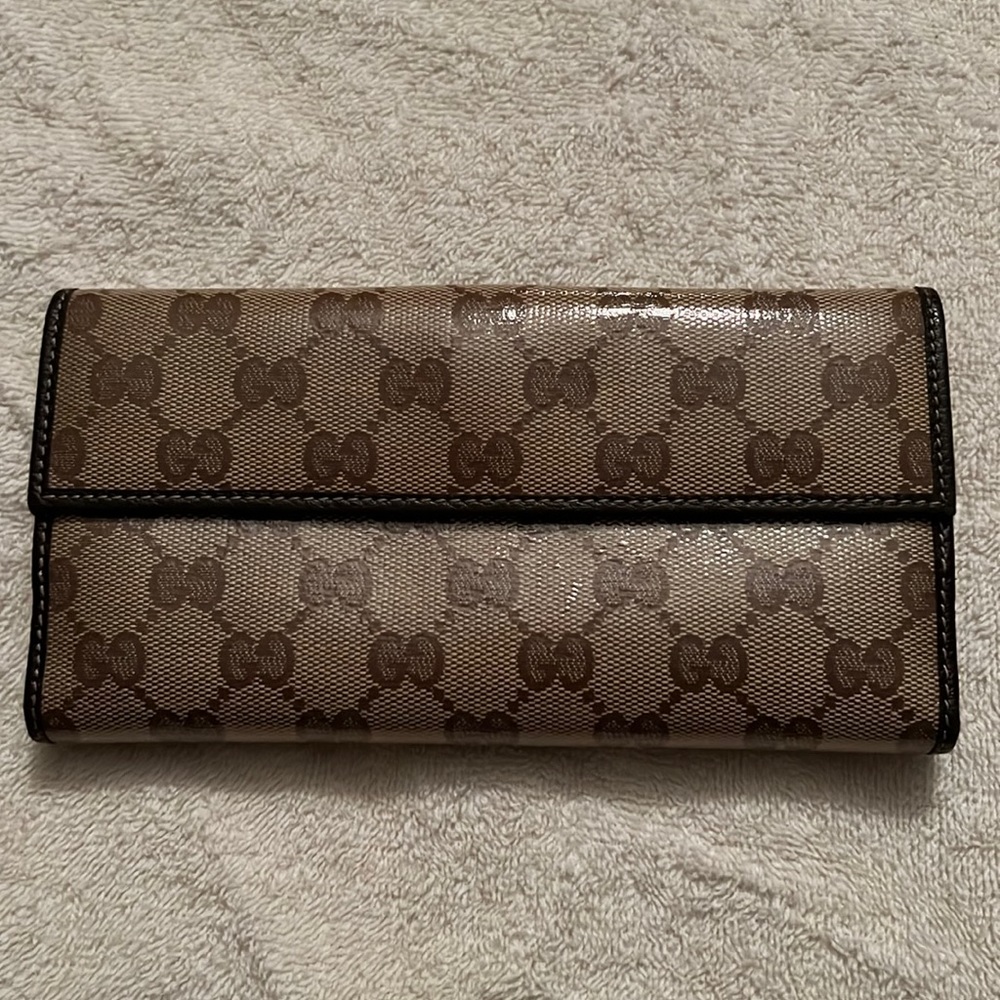 Gucci Wallet:Gucci Brown GG Crystal Coated Canvas and Leather Continental Wallet